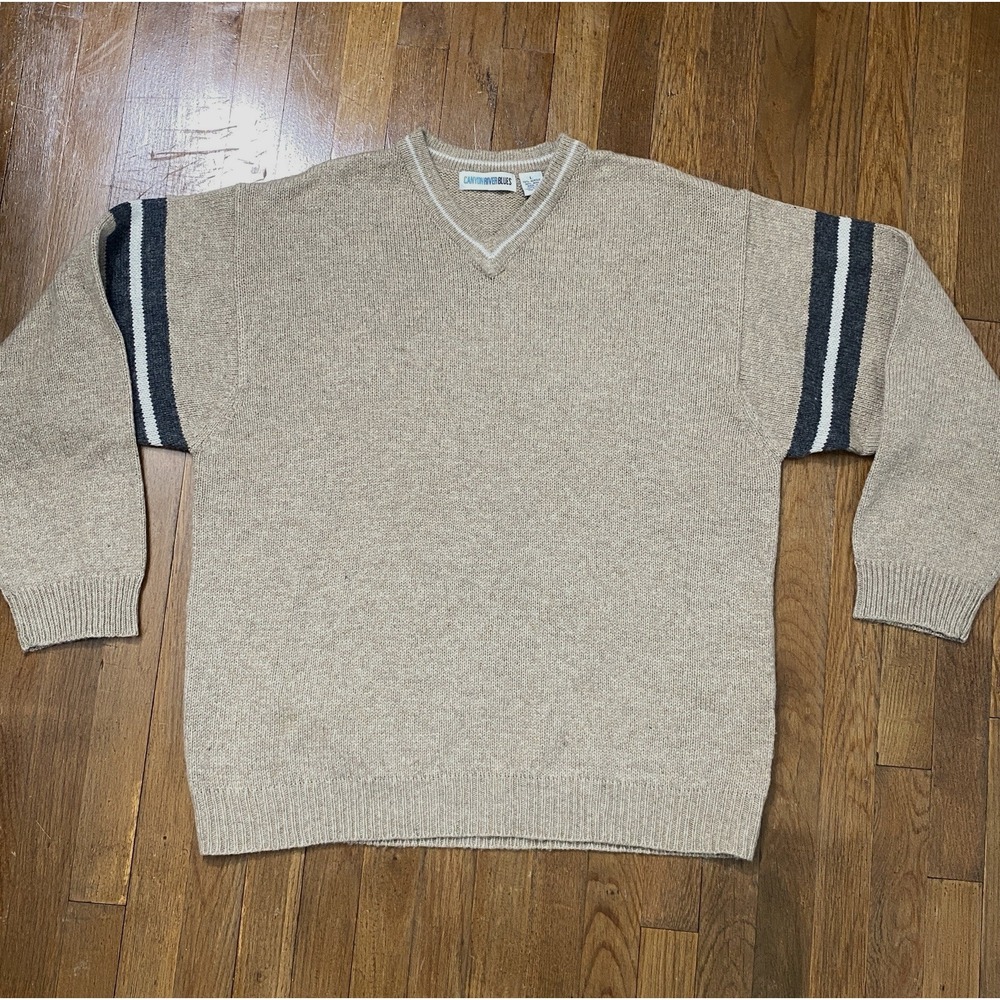 Mens V Neck Sweater Beige Gray White Striped Sleeves Size Large Preppy Y2K Style